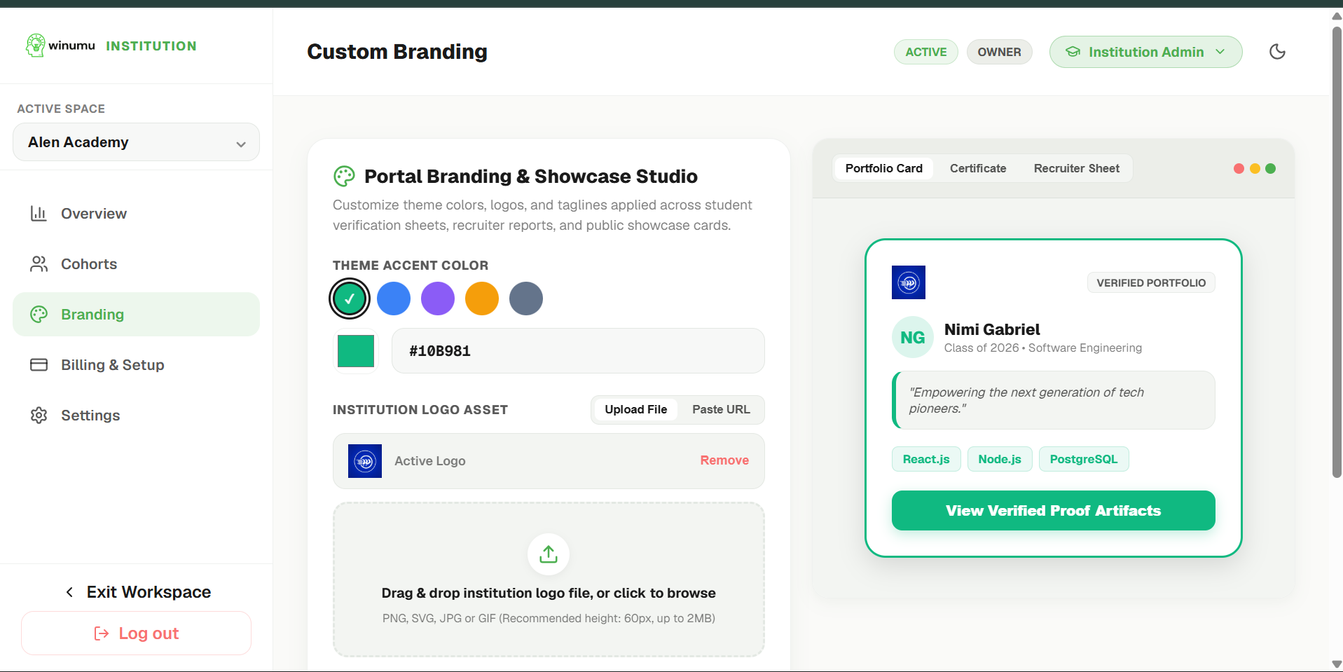 Winumu custom branding studio with live portfolio preview